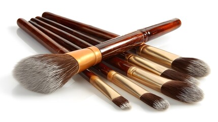 A collection of cosmetic makeup brushes arranged in a cluster, showcasing various sizes and shapes with dark wooden handles and gold ferrules, resting on a clean, white surface.
