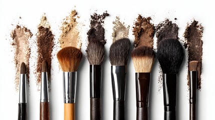 Assortment of makeup brushes arranged on a bright white backdrop alongside matching strokes of various powdered cosmetic shades, showcasing the tools and colors used in beauty applications for both...