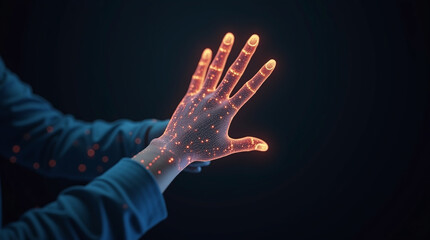 Conceptual Image of a Glowing Wireframe Hand Interacting with Data