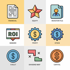 Set of nine flat design icons related to finance, investment, and business growth financial equity