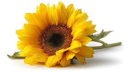 Fototapeta premium A vibrant sunflower, with its sunny yellow petals fully open, rests elegantly against a clean white backdrop, casting a soft shadow.