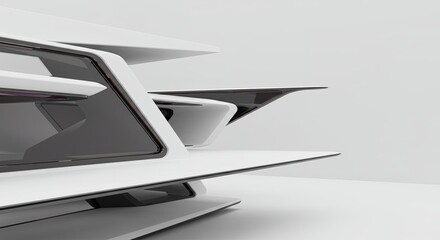 A dynamic close-up of a futuristic architectural or product design concept, featuring sleek white layers and glossy black aerodynamic forms on a clean background.