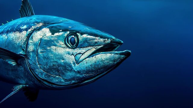 Majestic tuna swimming in the deep blue ocean. Powerful and graceful underwater.