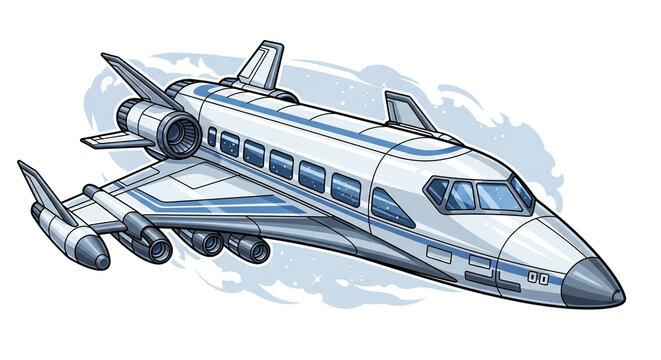 Illustration of a futuristic passenger plane with a sleek design, featuring multiple engines and a spacious cabin, set against a soft, cloudy backdrop