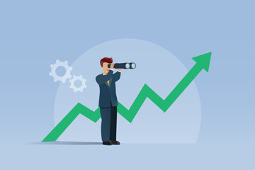 Businessman holding binocular with growth graph. Leadership management and business tools searching for business strategy, vision and success opportunity. Vector.