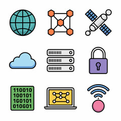 Technology and Network Icons Set with Globe Cloud Server Satellite and Lock Keywords: technology, network, internet, cloud, data, server, satellite, security, lock, global, connection