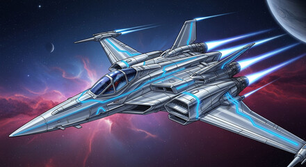 Naklejka premium Illustration of a sleek spaceship soaring through the cosmos with planets and stars, highlighting advanced technology and the spirit of space exploration