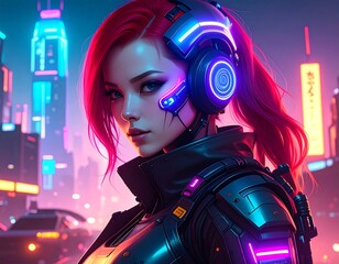 Futuristic woman in neon cityscape