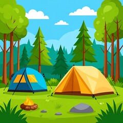 Campsite with two tents in a sunny forest glade