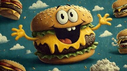 Cheerful cartoon burger character with animated features, showcasing cheese, lettuce, and sesame seed bun, playfully interacts on a vibrant, teal background, surrounded by floating burger elements...