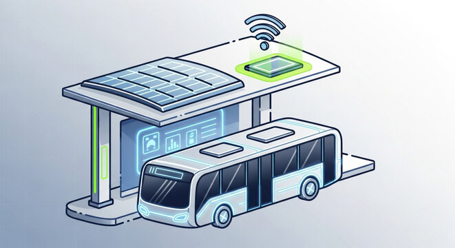 Illustration of a modern bus stop with solar panels, a digital display, and a charging station, representing sustainable transportation and ecofriendly technology