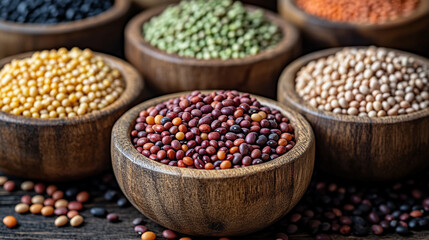 Collection of assorted beans in a wooden bowl, symbolizing natural nutrition, variety, wholesome food, and earthy simplicity in culinary or healthy lifestyle visuals