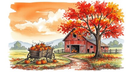 Obraz premium Warm autumn farm red barn, full pumpkin cart, fiery-leaved tree, and winding path under an orange sky