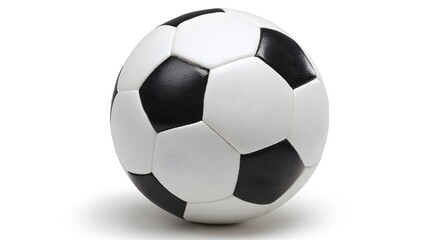 Fototapeta premium A classic black and white soccer ball rests on a pure white background, showcasing its iconic pentagonal and hexagonal panels.