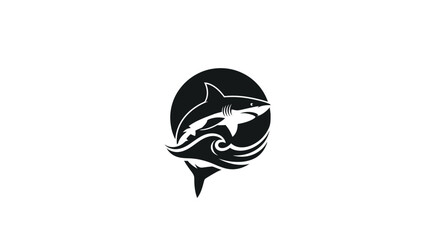 Elegant black and white shark logo design incorporating waves and a bold circle backdrop