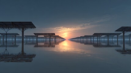 Fototapeta premium The serene landscape showcases a collection of solar panel structures in a vast body of water, reflecting the warm tones of the sunset sky and creating a calming atmosphere.