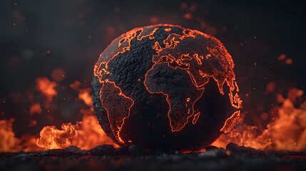 The image shows a stylized, dark globe of Earth with glowing, fiery orange outlines of the continents, surrounded by flames and a dark, atmospheric background