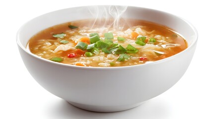 Delicious, freshly-made soup brimming with colorful vegetables and flavorful broth, presented in a pristine white bowl, releasing steam with subtle, light, airy vapor.