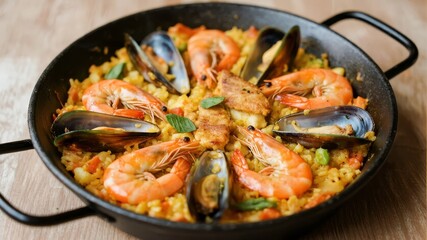 Seafood paella with shrimp, mussels, and saffron rice in a traditional pan