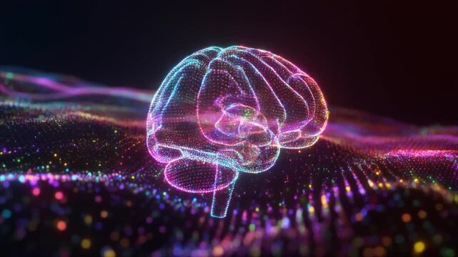 Neon wireframe brain glowing pink, blue, and purple—set against dark background with wave-like digital grid—evokes crafted cognition, symbolic intelligence, and the rhythm of neural tech and futuristi - Powered by Adobe