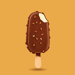 Sweet brown chocolate ice cream dessert on a stick, isolated on white background