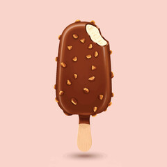 An isolated stick of delicious, brown chocolate ice cream is a cold, sweet, frozen dessert for a summer snack