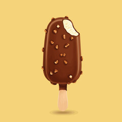 Isolated, sweet chocolate ice cream popsicle or frozen dessert on a stick