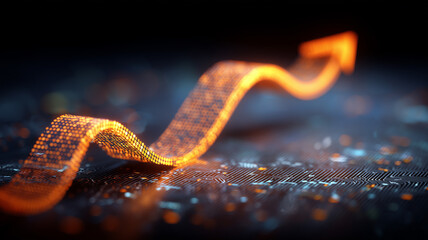 A luminous arrow rising across a circuit board expresses innovation and momentum, symbolizing technology growth, performance improvement, and data driven progress.
