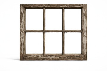 Weathered six pane farmhouse window isolated on white with rustic chipping paint