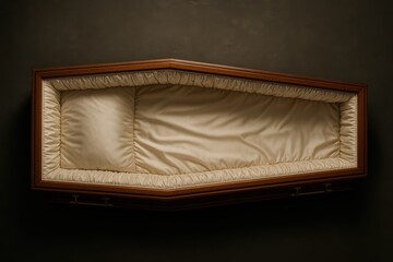 Top view open wooden coffin lined in satin on dark floor moody respectful composition