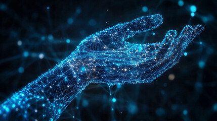 Digital 3D human hand gesture of an AI arm holding an object, symbolizing technology, artificial intelligence, innovation, digital interaction, and futuristic human-machine collaboration