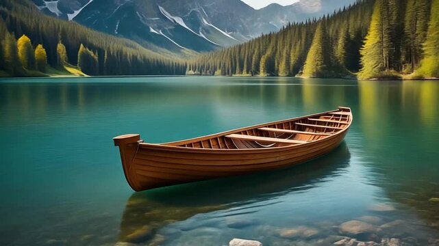 Wooden canoe floating on serene mountain lake&mdash;surrounded by evergreen forests and rugged peaks&mdash;reflections shimmer in calm water&mdash;evokes crafted solitude, symbolic journey, and the rhythm of nature&rsquo;s s