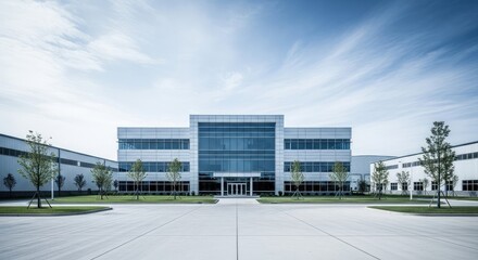 A modern office building with a glass facade and green trees in front.