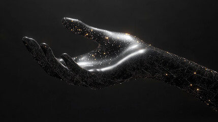 Digital 3D human hand gesture of an AI arm holding an object, symbolizing technology, artificial intelligence, innovation, digital interaction, and futuristic human-machine collaboration