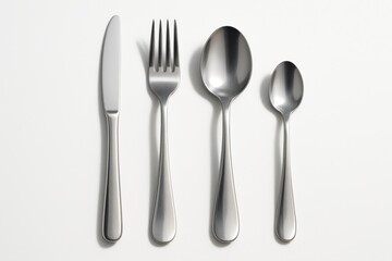 Polished stainless cutlery set arranged neatly isolated on pure white with soft shadow