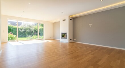 Obraz premium A spacious, modern living room with hardwood floors, a fireplace, and a large window overlooking a backyard.