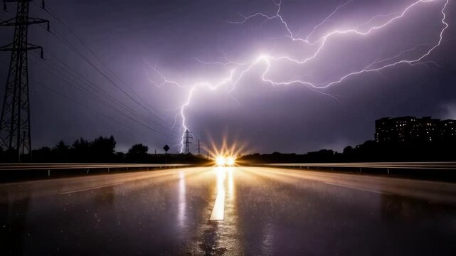 Intense lightning strikes illuminate stormy night sky above wet road where bright vehicle headlights create starburst effect reflecting on the slick asphalt Power lines visible