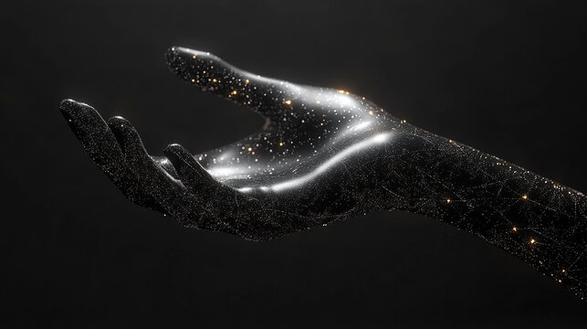 Digital 3D human hand gesture of an AI arm holding an object, symbolizing technology, artificial intelligence, innovation, digital interaction, and futuristic human-machine collaboration - Powered by Adobe