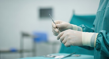 A surgeon's gloved hands holding a surgical instrument in a sterile operating room.