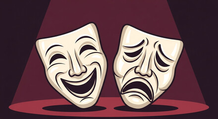 Comedy and tragedy theatrical masks representing the duality of human emotions and the spectrum of experiences in life, spotlighted on a stage