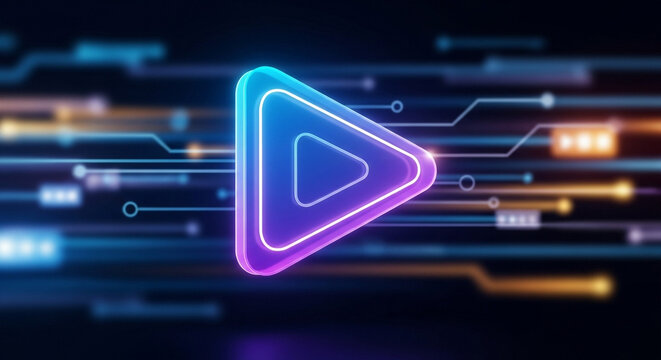 Neon play button with glowing lines and circuit board pattern, representing modern technology, streaming, and digital media concept - Powered by Adobe