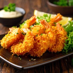Golden fried butterfly shrimp with lemon and dip