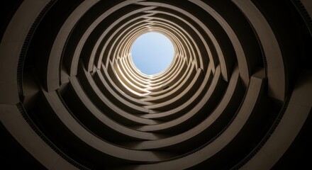 Obraz premium Ascending spirals form a cylindrical structure with sky view, creating depth and architectural precision