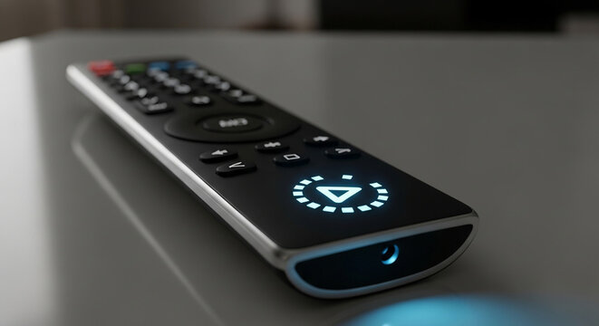 Modern black remote control with illuminated buttons and projector function, showcasing sleek design and advanced technology for home entertainment