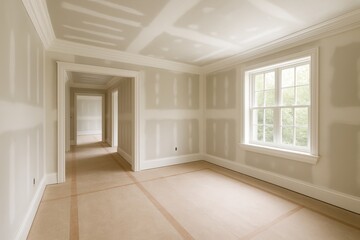 Fototapeta premium New home interior under construction with installed crown molding drywall and primed trim