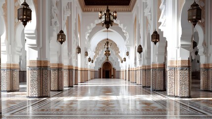 Magnificent symmetrical view of a grand hall, featuring rows of elegant white pillars and arches creating a sense of depth, adorned with ornate hanging lanterns that enhance the opulent aesthetic,...
