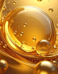 Golden oil droplets swirl in slick liquid luminous