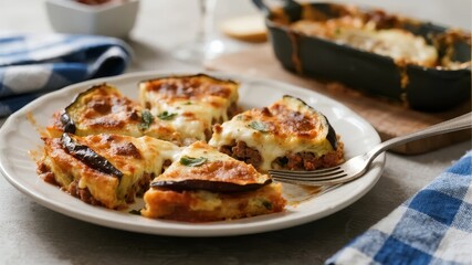 Sliced baked eggplant and cheese casserole served on a white plate with a fork, accompanied by a checkered cloth and a baking dish in the background.