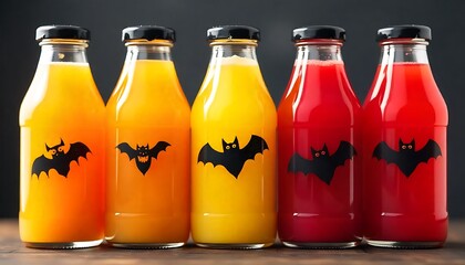 Bottles of various colorful fruit juices on display with Halloween bats and scary boo on it printed, including orange, yellow, and red juices, created with generative ai
