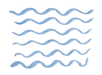 Blue watercolor wavy lines pattern in various horizontal wave shapes on white background.
